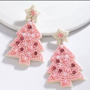 Pink Sparkle Christmas Earrings – Tree Shape Beaded Design